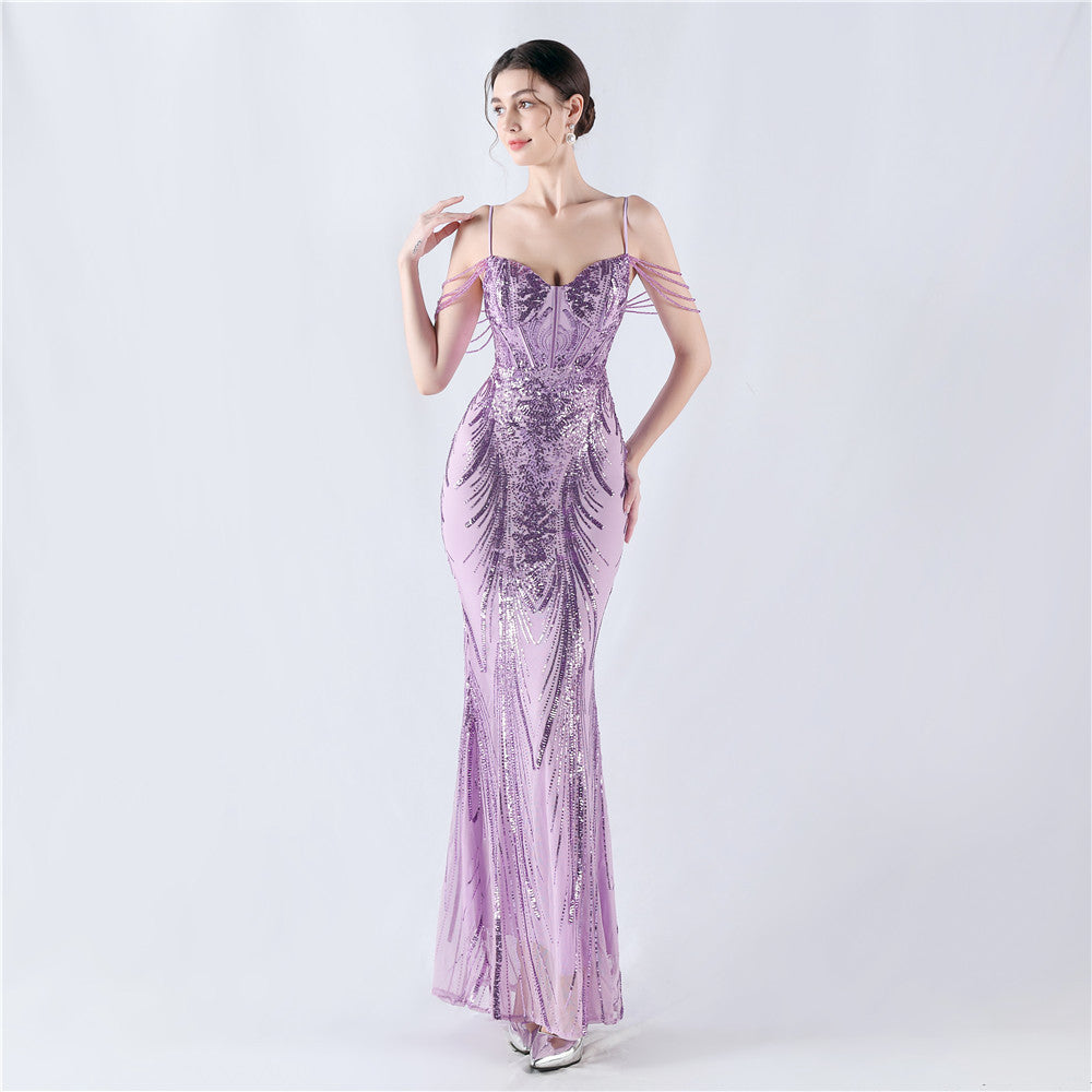 New waist fish bone shaping positioning flower beads live streaming host sexy bead suspender evening dress