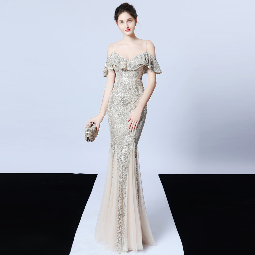 Polyester thread, fringed beads, fishtail banquet, elegant temperament, annual meeting host, car model party dress, female autumn
