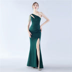 New craft beaded satin single shoulder diagonal collar long evening dress