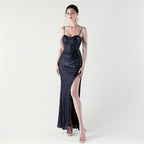 Dinner Focus, Premium, Sequined Fishbone Vest Beaded Suspender High Split Evening Gown