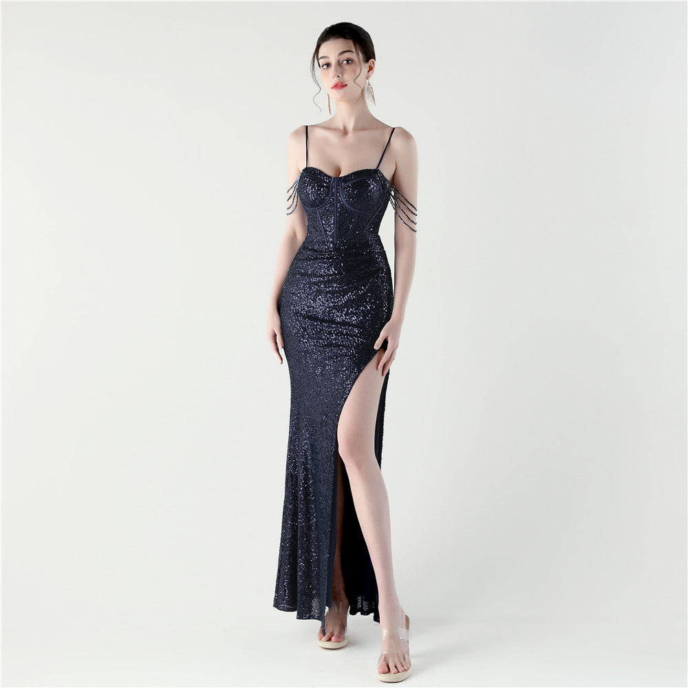 Dinner Focus, Premium, Sequined Fishbone Vest Beaded Suspender High Split Evening Gown
