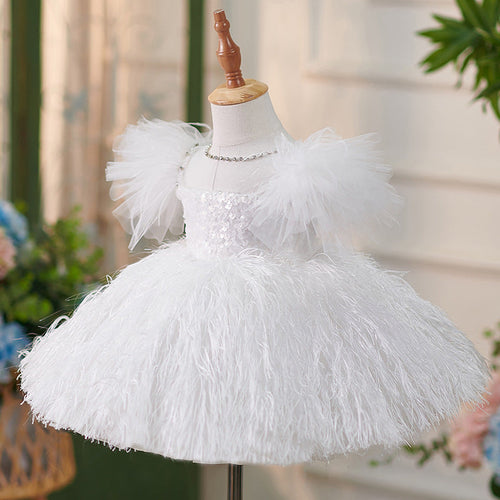 Vestido formal de plumas para niña, vestido de princesa blanco esponjoso para fiesta de graduación y comunión 