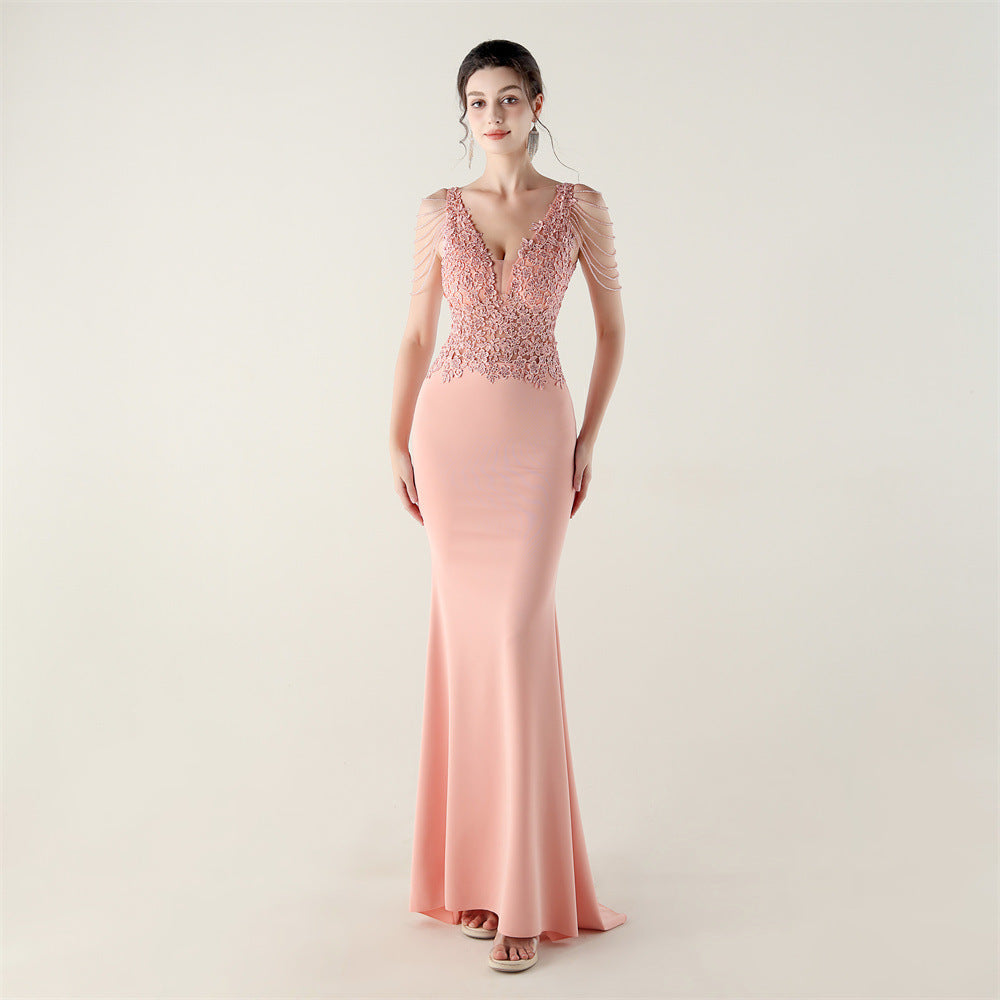 New Bead Lace Bead Embroidery Evening Ceremony, Off-Shoulder Fishtail Dress, Red Carpet Wedding Banquet Dress