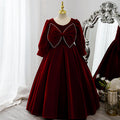 Vestido de niña de las flores para comunión, elegante vestido de princesa de manga larga con lazo de terciopelo rojo 