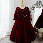Vestido de niña de las flores para comunión, elegante vestido de princesa de manga larga con lazo de terciopelo rojo 