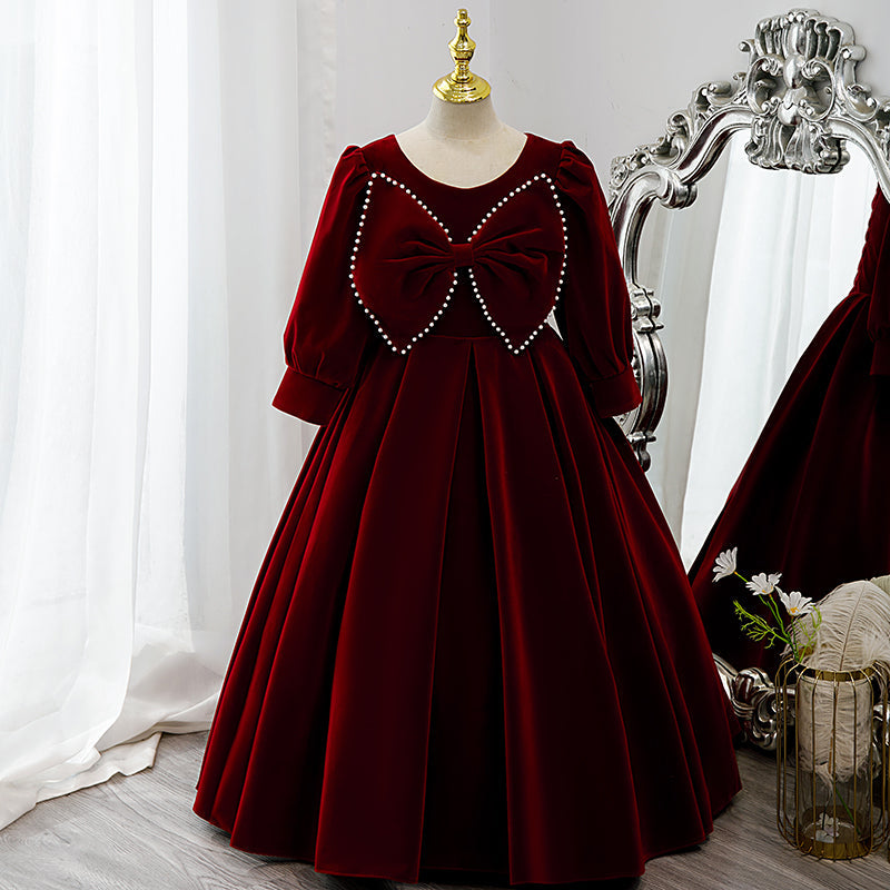 Vestido de niña de las flores para comunión, elegante vestido de princesa de manga larga con lazo de terciopelo rojo 