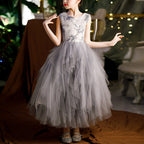 Ballkleid für Kleinkinder, Mädchen, Blumenmuster, Kommunionkleid, Sommerkleid, Grau, ärmellos, Festkleid, Prinzessinnenkleid 