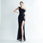 Heavy industry ostrich hair craft bead bundle hair slant shoulder side split high-end evening dress