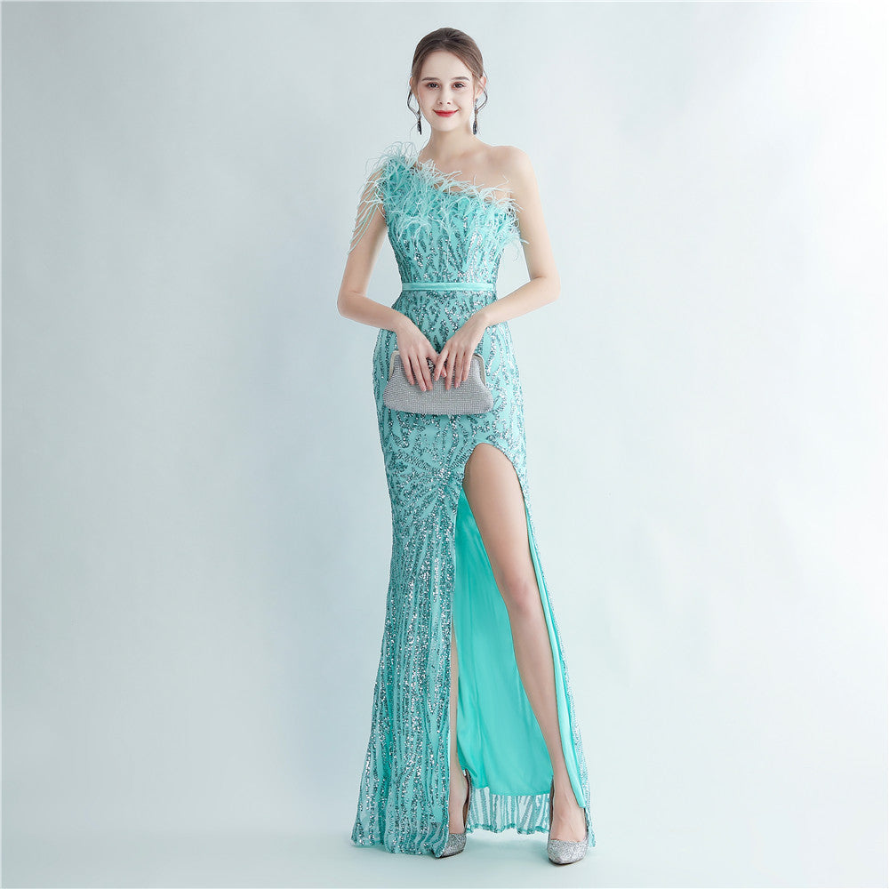Heavy industry ostrich hair craft bead bundle hair slant shoulder side split high-end evening dress