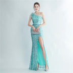 Heavy industry ostrich hair craft bead bundle hair slant shoulder side split high-end evening dress