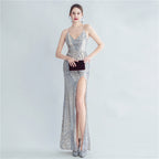 New high-density sequins bundled waist styling side split high-end evening dress