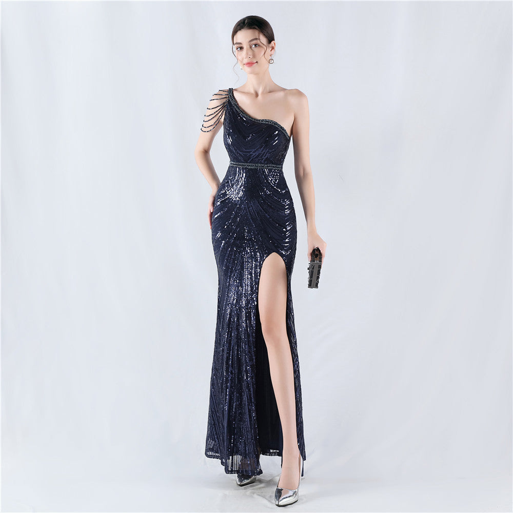 Dress positioning flower bead piece craft bead single shoulder oblique neck high fork evening dress