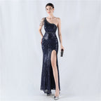 Dress positioning flower bead piece craft bead single shoulder oblique neck high fork evening dress