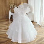 Elegantes weißes Pailletten-Mesh-Prinzessinnenkleid für Babys und Kleinkinder – Kommunionskleid 