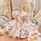Elegante vestido de fiesta de cumpleaños floral con mangas abullonadas de malla para bebé, vestido de primera comunión para niña pequeña 