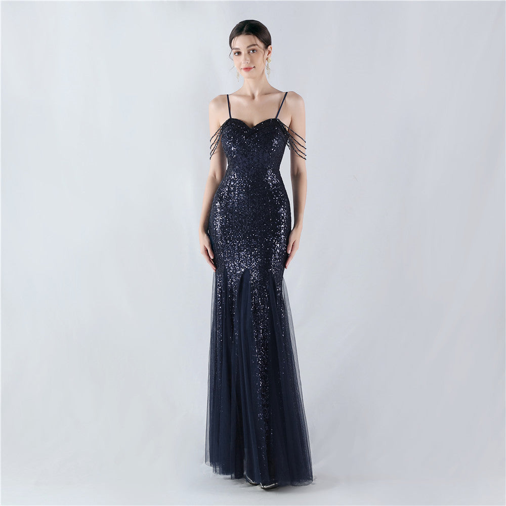 New dress craft beaded mesh sequined evening dress, performance, hosting, annual meeting