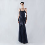New dress craft beaded mesh sequined evening dress, performance, hosting, annual meeting
