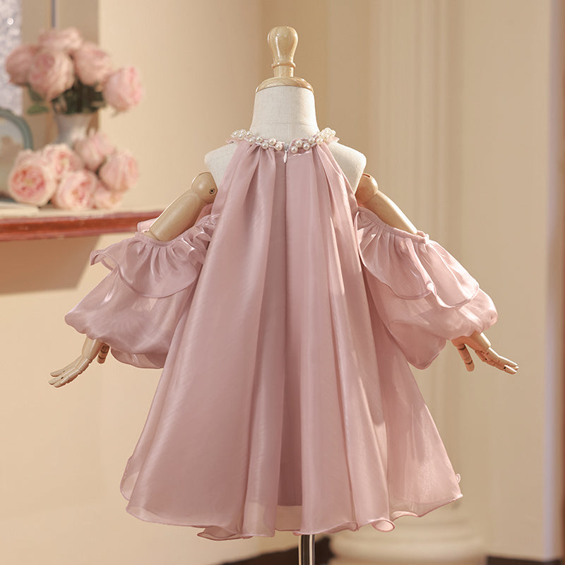 Prinzessinnenkleid für Mädchen zum Geburtstag und zur Kommunion, Perlenkragen, schulterfrei 