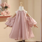 Prinzessinnenkleid für Mädchen zum Geburtstag und zur Kommunion, Perlenkragen, schulterfrei 