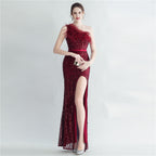 Heavy industry ostrich hair craft bundle hair slant shoulder side split high-end evening dress