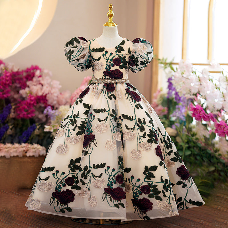 Vestido de niña pequeña para comunión, mangas abullonadas, bordado de rosas, vestido de princesa para fiesta de boda 