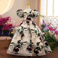 Vestido de niña pequeña para comunión, mangas abullonadas, bordado de rosas, vestido de princesa para fiesta de boda 