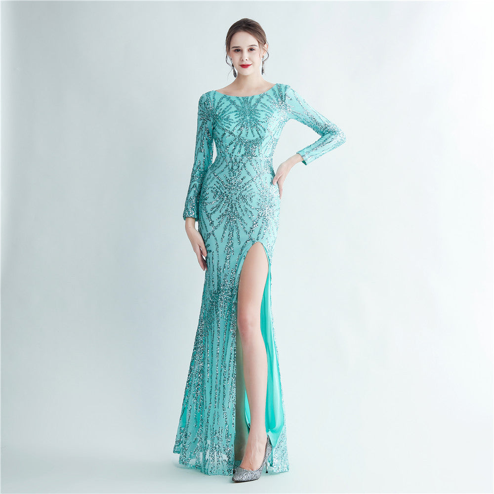 New sequined long-sleeved test split high-end evening dress
