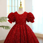 Mädchen Weihnachtskleid, Kommunionskleid, rotes Paillettenkleid mit Rundhalsausschnitt, Geburtstagskleid, Prinzessinnenkleid 