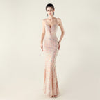 New Bead Embroidery Sequins Waist Strap Deep V Heart Suspender Evening Dress, Banquet Party