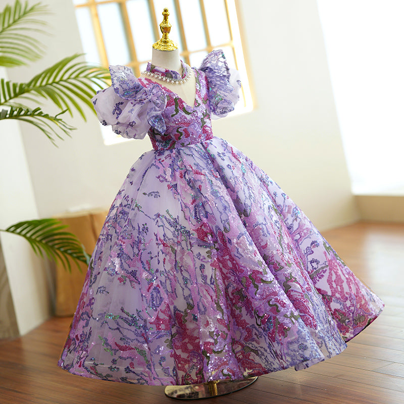 Kommunionkleid für Babys und Kleinkinder, lila Pailletten, bauschig, Prinzessinnenkleid 