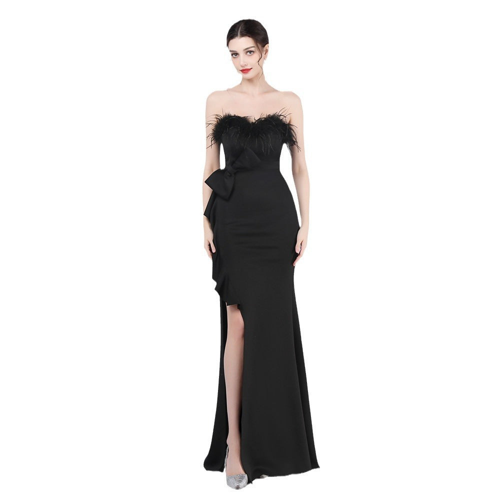 Craft Flower Order Ostrich Hair Off-Shoulder Tube Top Dinner Celebration Wedding Dress