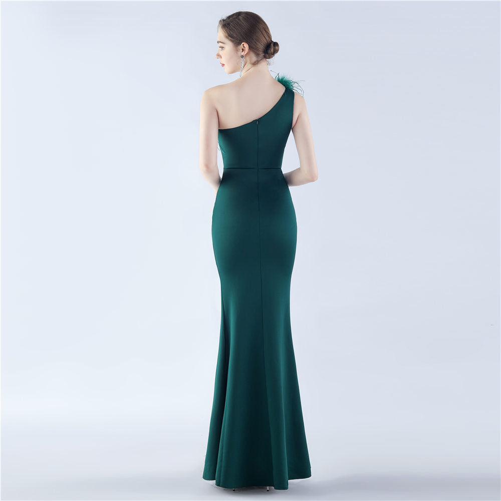 New craftsmanship Order ostrich hair banquet performance satin long evening dress
