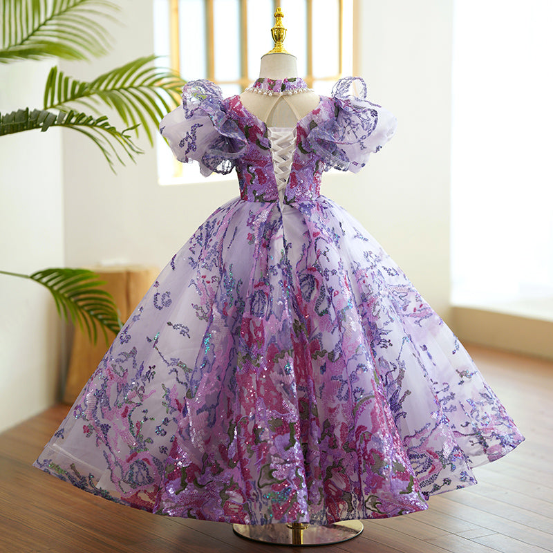 Kommunionkleid für Babys und Kleinkinder, lila Pailletten, bauschig, Prinzessinnenkleid 
