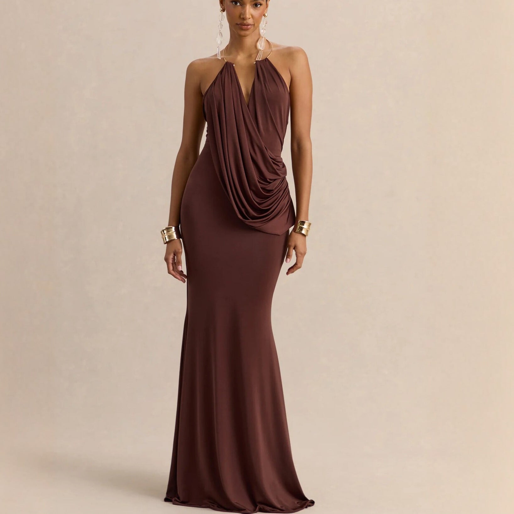 Ruffle Cowl Neck Bodycon Maxi Dress