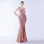 Symphony bead side split long suspender evening dress