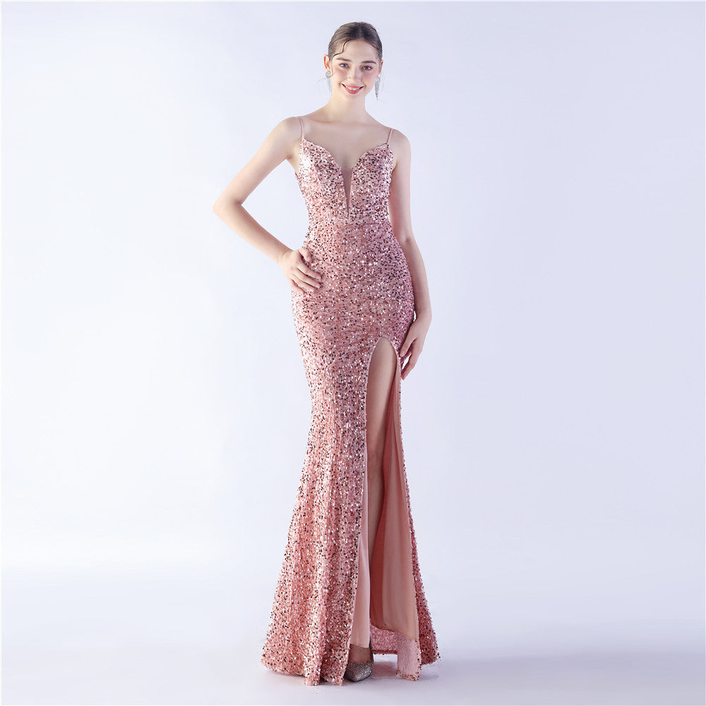 Symphony bead side split long suspender evening dress