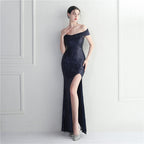 Classic explosive sequined version one-word neck split fork bridesmaid etiquette event celebration slimming and shaping long models