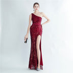 Positioning flower beads single shoulder diagonal collar side split fork long evening dress