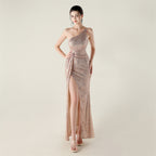 New one-shoulder diagonal collar sequined dress, bead chain decoration, nightclub banquet wedding