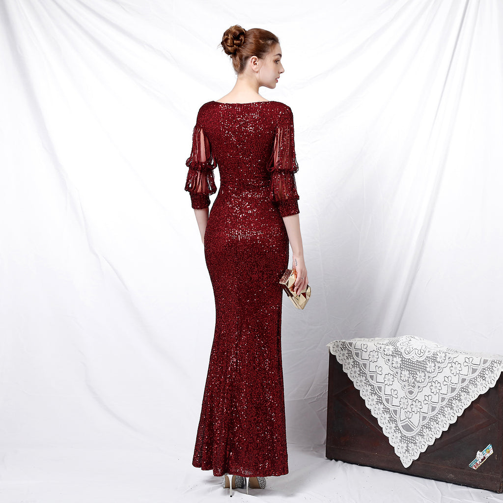 New banquet temperament elegant long medium sleeve sleeve sequined aura queen fishtail, evening dress