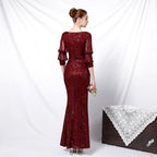 New banquet temperament elegant long medium sleeve sleeve sequined aura queen fishtail, evening dress