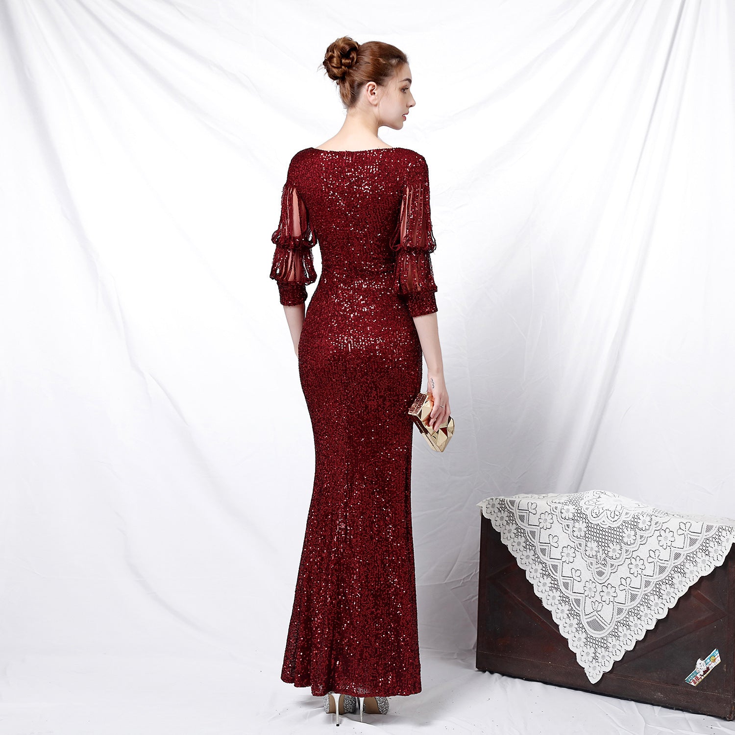 New banquet temperament elegant long medium sleeve sleeve sequined aura queen fishtail, evening dress