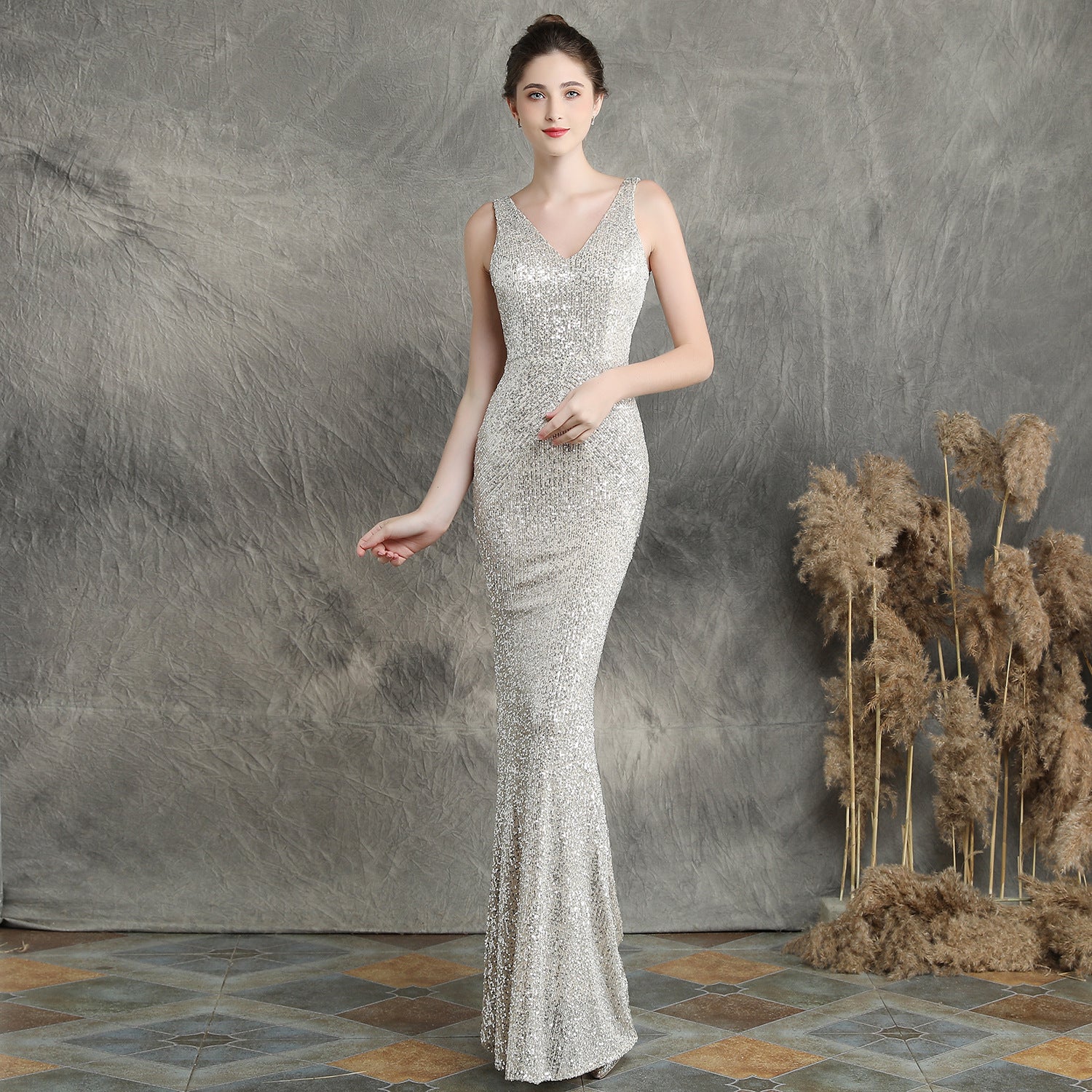 Sequins Party Dress Long Banquet Slim Fit Fishtail Elegant Celebrity Party Annual Meeting Host