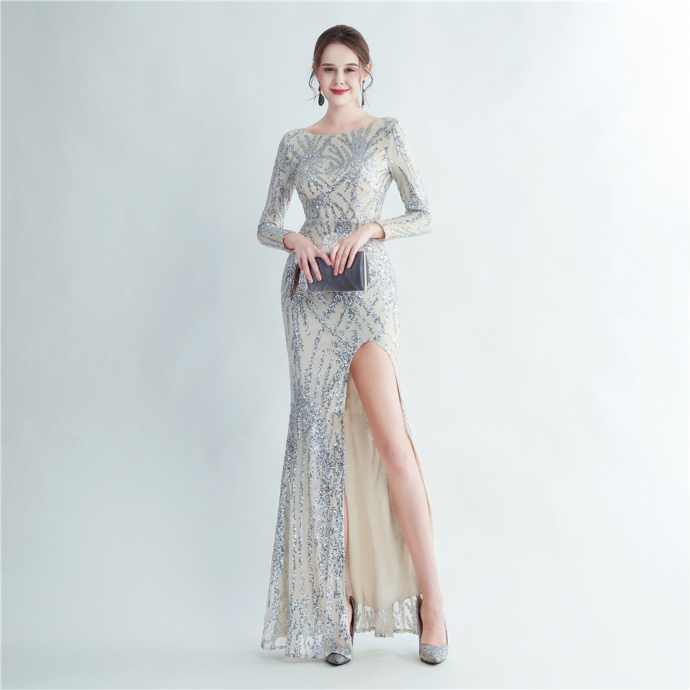 New sequined long-sleeved test split high-end evening dress