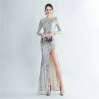 New sequined long-sleeved test split high-end evening dress
