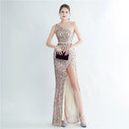 Positioning flower beads single shoulder diagonal collar side split fork long evening dress