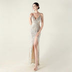 New deep V suspender sequined fishtail evening dress beaded decorative sexy night banquet dress