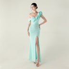 New single shoulder pleated ruffle edge pendant bead chain sequined evening dress, banquet wedding red carpet