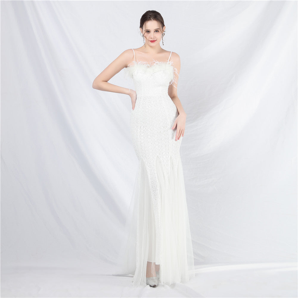 New craft order ostrich hair mesh bead long evening dress