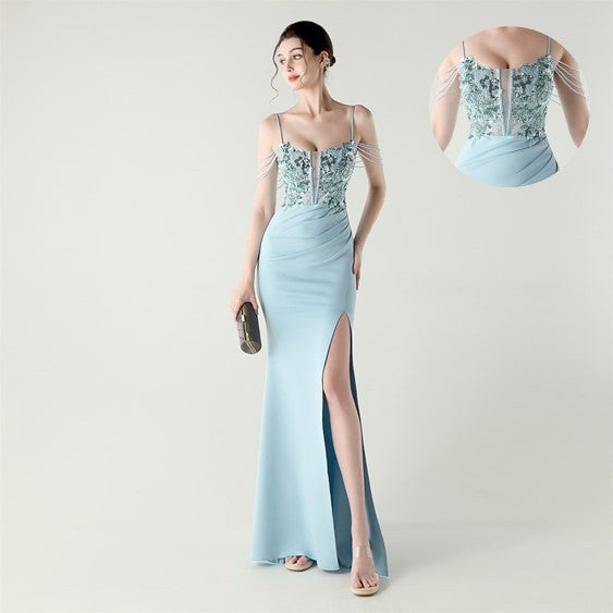 New bead tube craft fishbone strap waist formal banquet dance suspender sequined evening dress